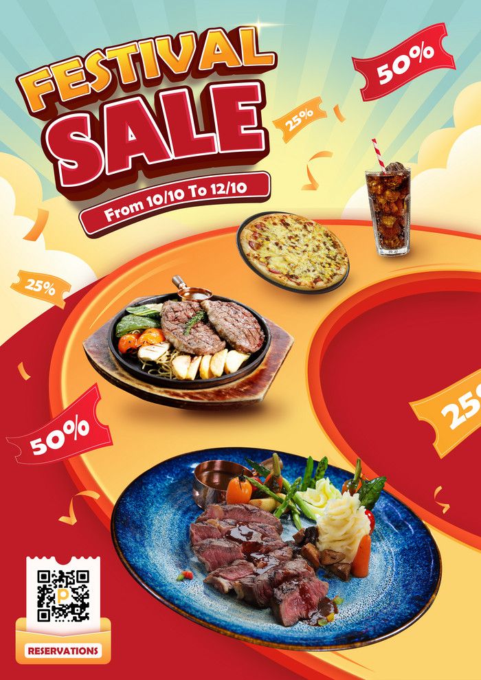 an advertisement for a festival sale with steak and vegetables on the plate, side by side