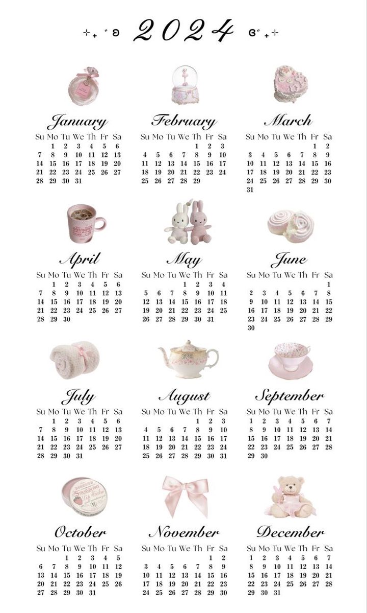 a calendar with baby items on it for the year 2009 - 2011, including tea cups and saucers