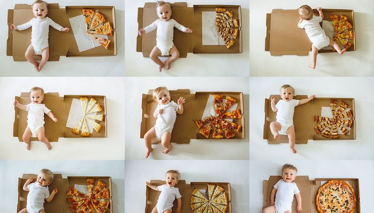 a collage of baby pictures with different pizzas