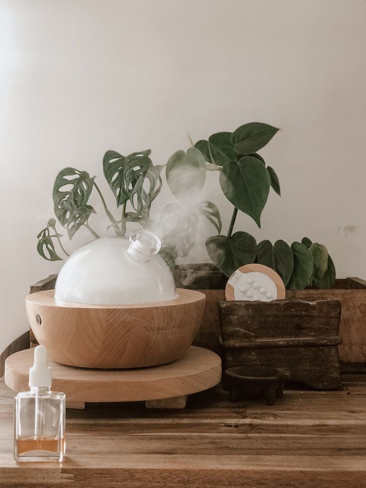 a wooden table topped with a white vase filled with water and greenery next to a clock