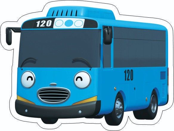 a blue bus with eyes drawn on it's front and side, is facing the viewer