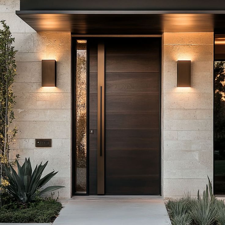 the front door to a modern home with two lights on each side and plants in pots outside