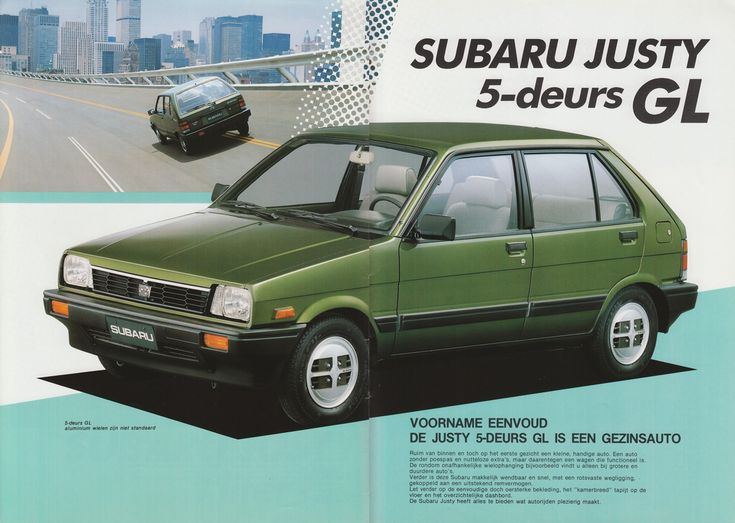 an advertisement for the subaru justy 5 - deurs gl station wagon