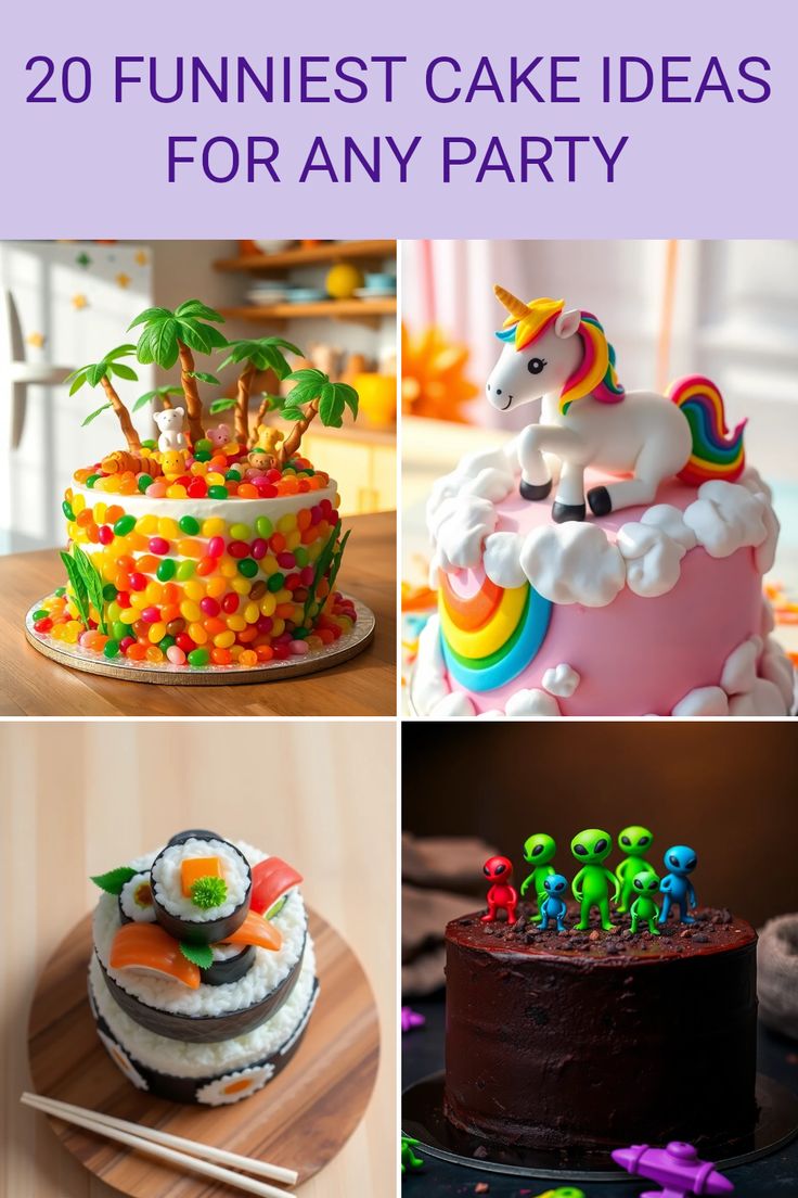 some cakes and desserts with the words 20 funest cake ideas for any party