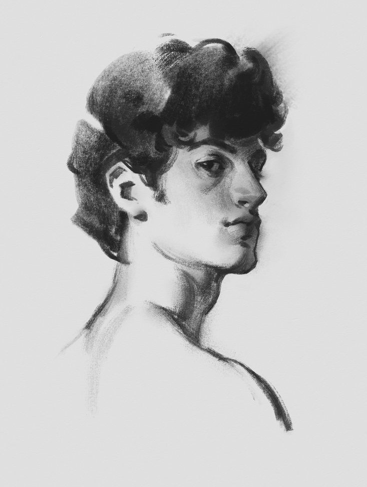 a black and white drawing of a woman's head with her hair pulled back