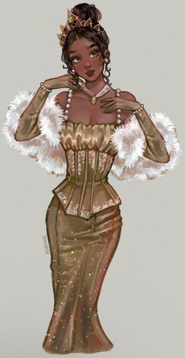 a drawing of a woman in a gold dress with white furs on her shoulders