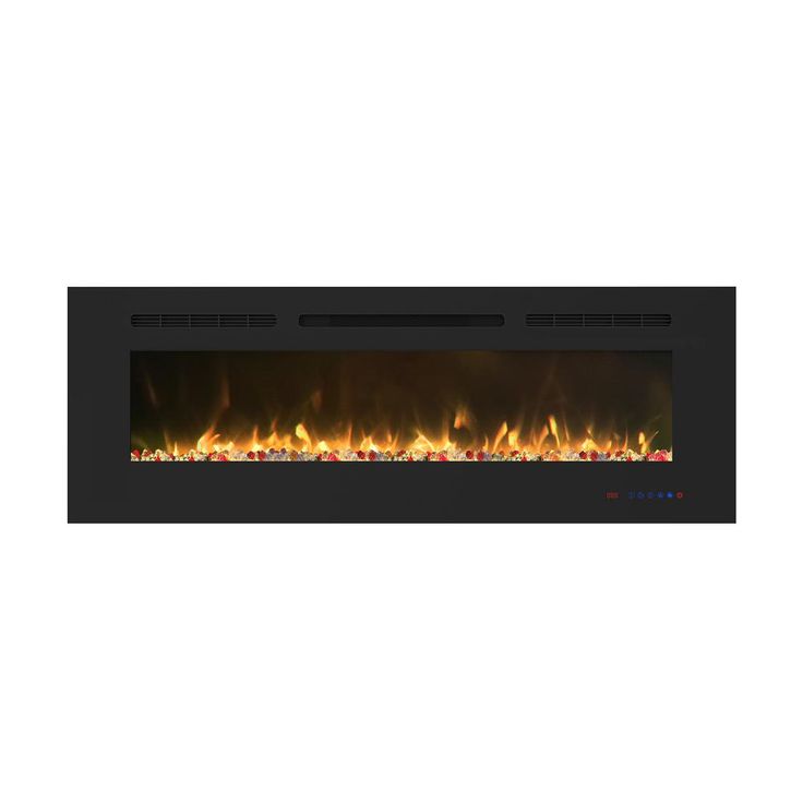 an electric fireplace with bright flames on the sides and black frame, in front of a white background