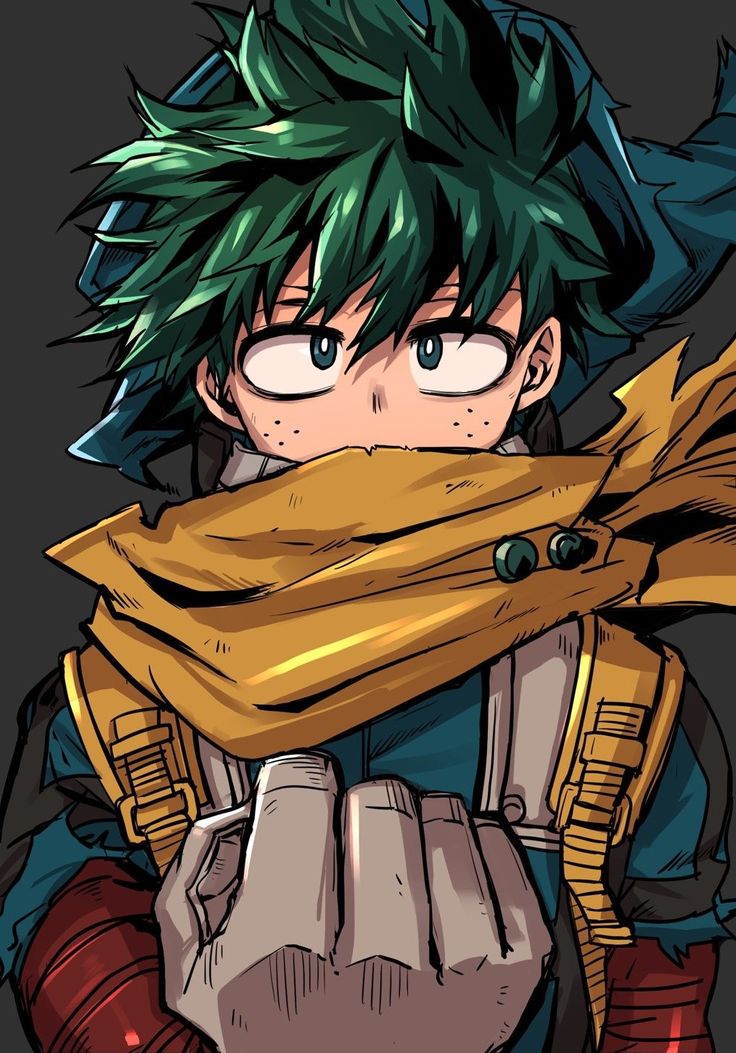 an anime character with green hair and blue eyes holding a scarf over his face while standing in front of a black background