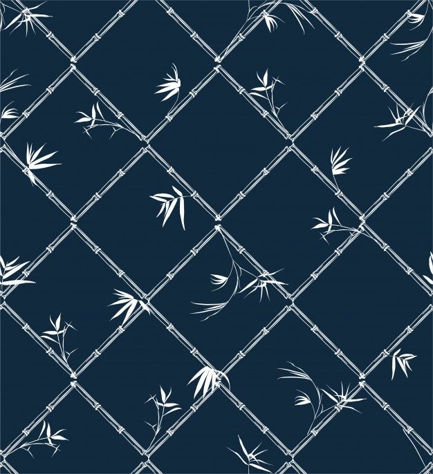 a blue and white pattern with bamboo leaves on the grid fence, as well as an image