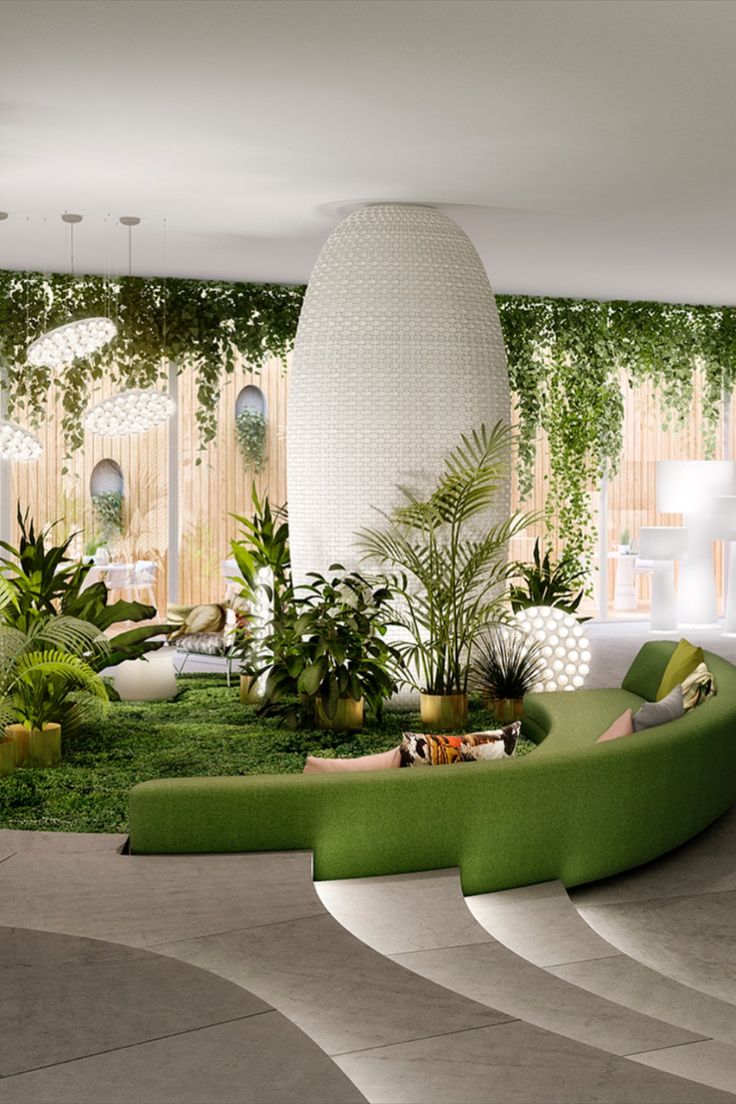 a living room filled with lots of plants and greenery next to a spiral staircase