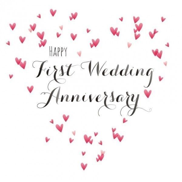 a happy first wedding anniversary card with hearts flying in the air and text that reads happy first wedding anniversary