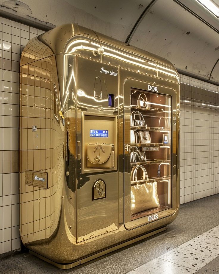 a gold vending machine in a subway station with tiled walls and flooring on either side