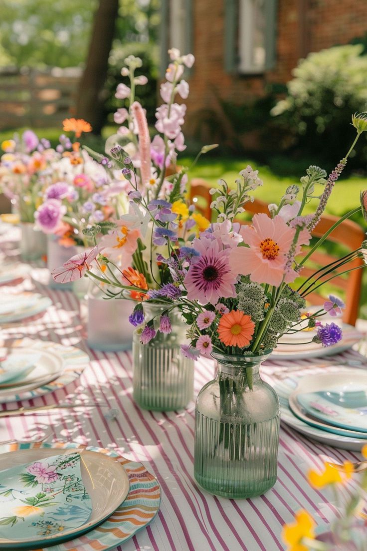 a table with plates and vases filled with colorful flowers on top of the table