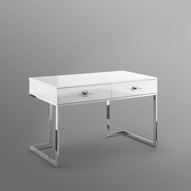 a white desk with two drawers on each side and one drawer at the top, in front of a gray background