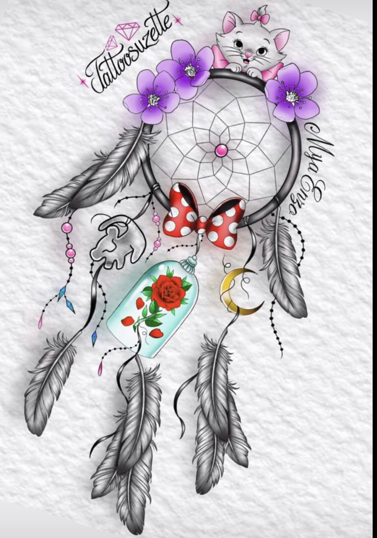 a drawing of a dream catcher with flowers on it and a cat in the background