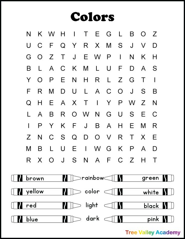 the color word search page for children's handwriting and writing practice, with black and white