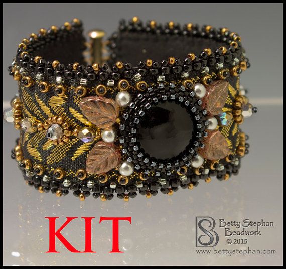 Totally Elegant Cuff Bracelet Kit black Fabric Cuff Bracelet, Bead Embroidered Bracelet, Embroidered Bracelet, Dance Necklace, Bracelet Kit, Ribbon Jewelry, Square Dance, Beaded Cuff Bracelet, Bracelet Kits