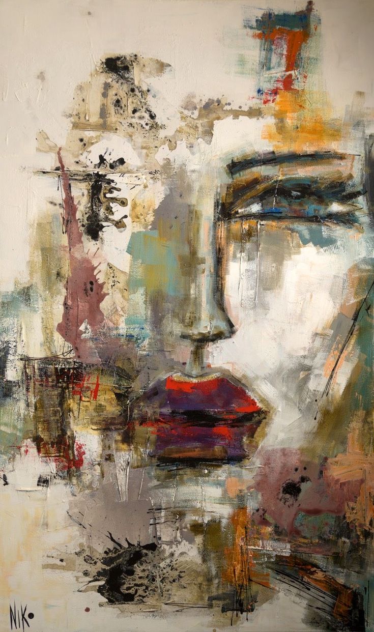 an abstract painting with many different colors and shapes, including the face of a woman