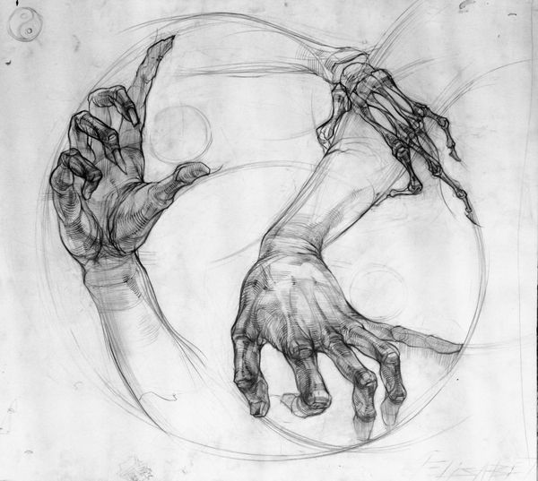 a drawing of two hands holding each other in the middle of a circular object with one hand reaching out