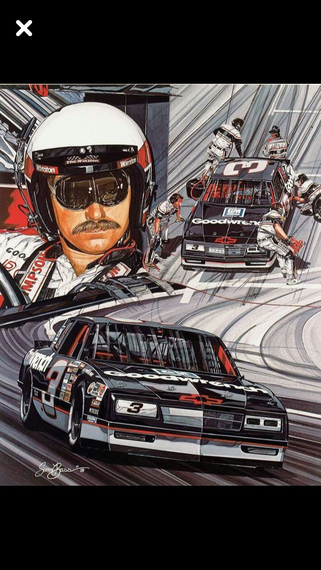 a painting of nascar racing cars with the driver's face painted on one side