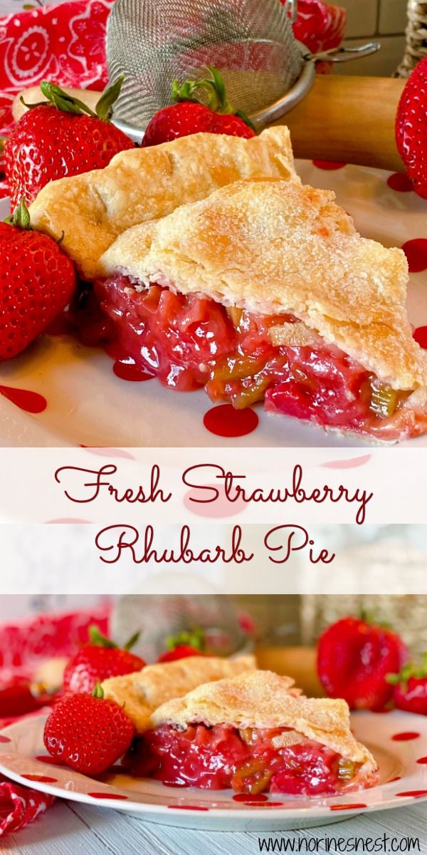 fresh strawberry rhubarb pie on a plate with strawberries