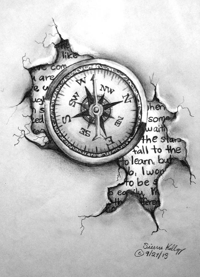 a drawing of a compass on paper with words coming out of the hole in it