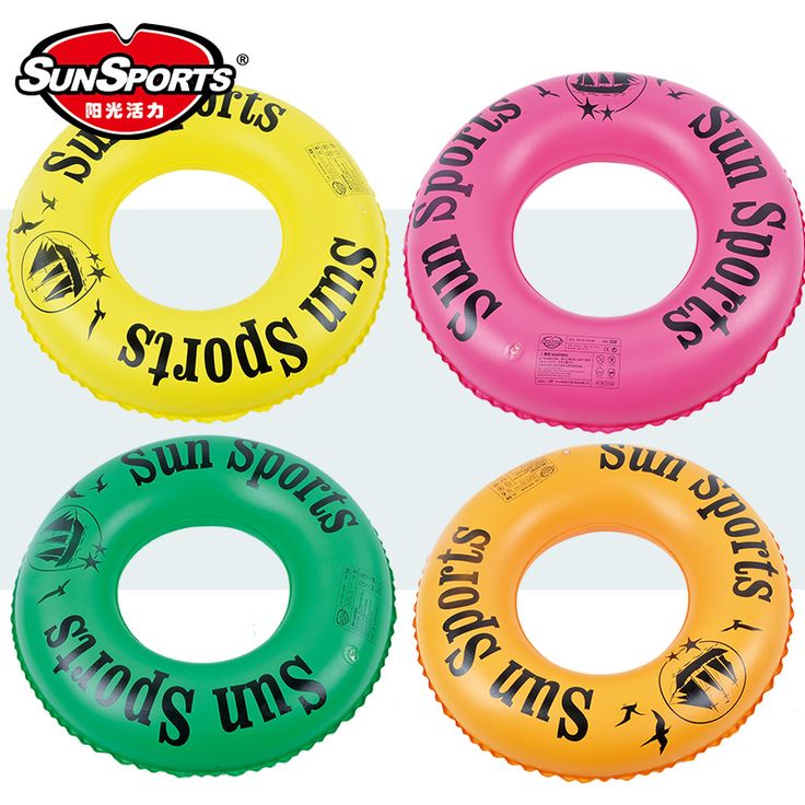 four inflatable swimming rings with stickers on the sides and words printed on them