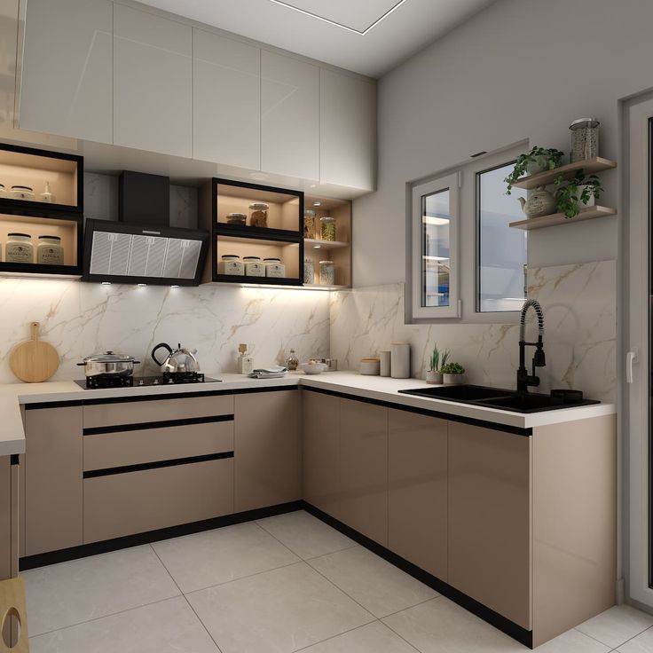 a modern kitchen with marble counter tops and black appliances on the wall, along with white tile flooring