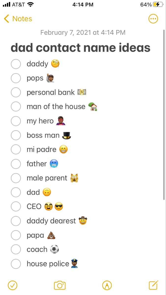an iphone screen with the text'dad contact name ideas'on it and emoticting smiley faces