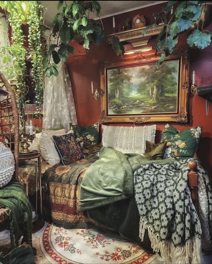 a bedroom with lots of plants in the corner and a painting hanging on the wall