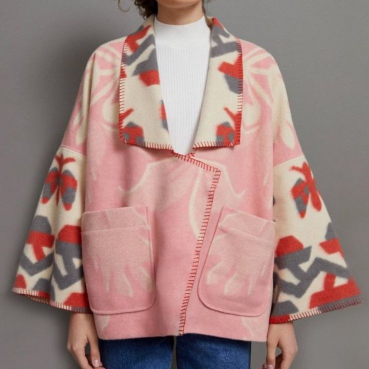 Anthropologie Heidi Kimono Jacket In Pink/Rose Size: Large Nwt!! In Excellent New Condition See Photos For Details And Measurements Oversized Fit 20% Wool 80% Polyester Front Patch Pockets! Kimono Jacket Sewing Pattern, Red Corduroy Jacket, Kimono Jacket Pattern, Suede Jacket Women, Faux Fur Trim Coat, Fur Trim Coat, Pink Kimono, Sweater Refashion, Anthropologie Clothing