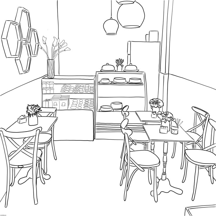 a black and white drawing of a dining room