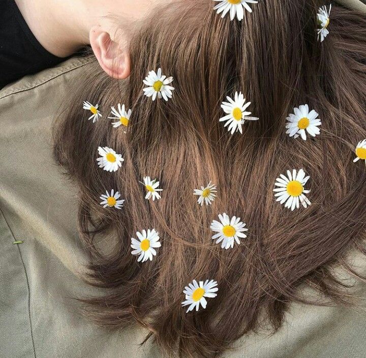 a woman with long brown hair and white daisies on her back