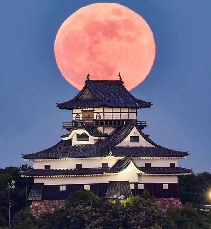 the full moon is seen over an old japanese building in tokyo's shingoji park