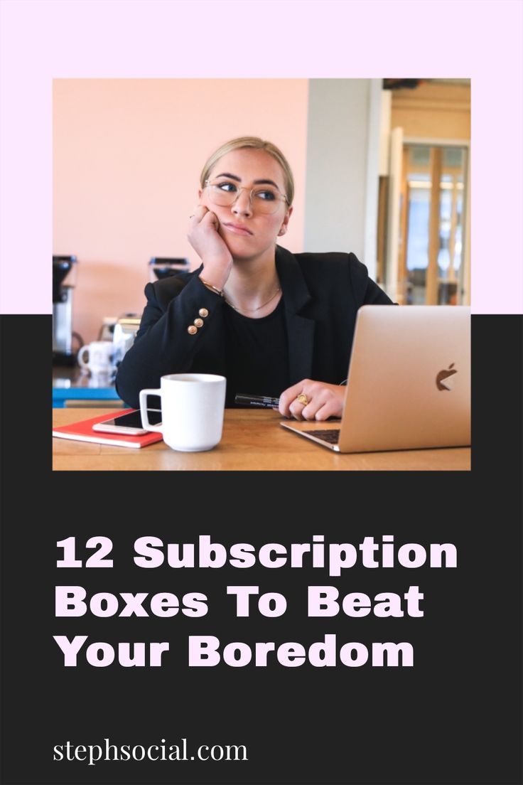 a woman sitting in front of a laptop computer with the words 12 subscription boxes to beat your boredom