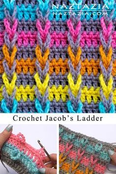 the crochet jacob's ladder is shown in three different colors