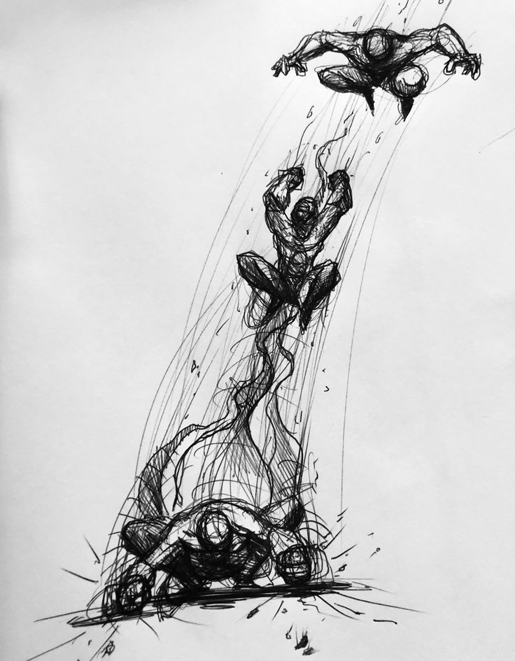 a black and white drawing of a person falling