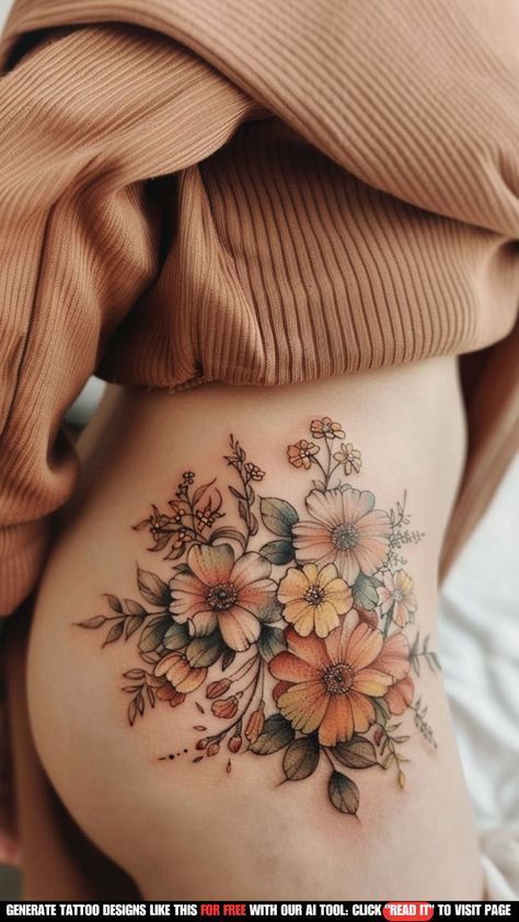 a woman's stomach with flowers and leaves on her side, which is covered in tattoos