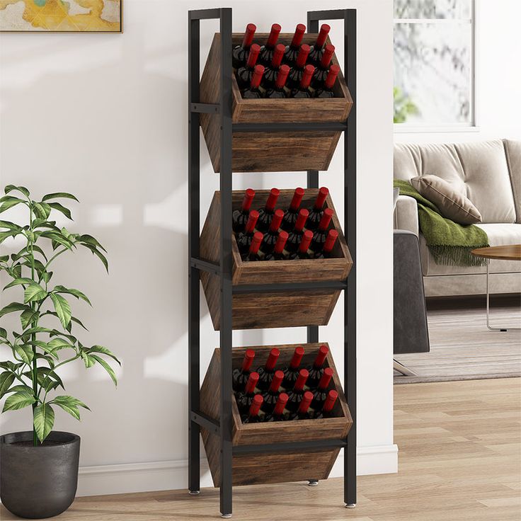 there is a wine rack with many bottles on it in the living room, next to a potted plant