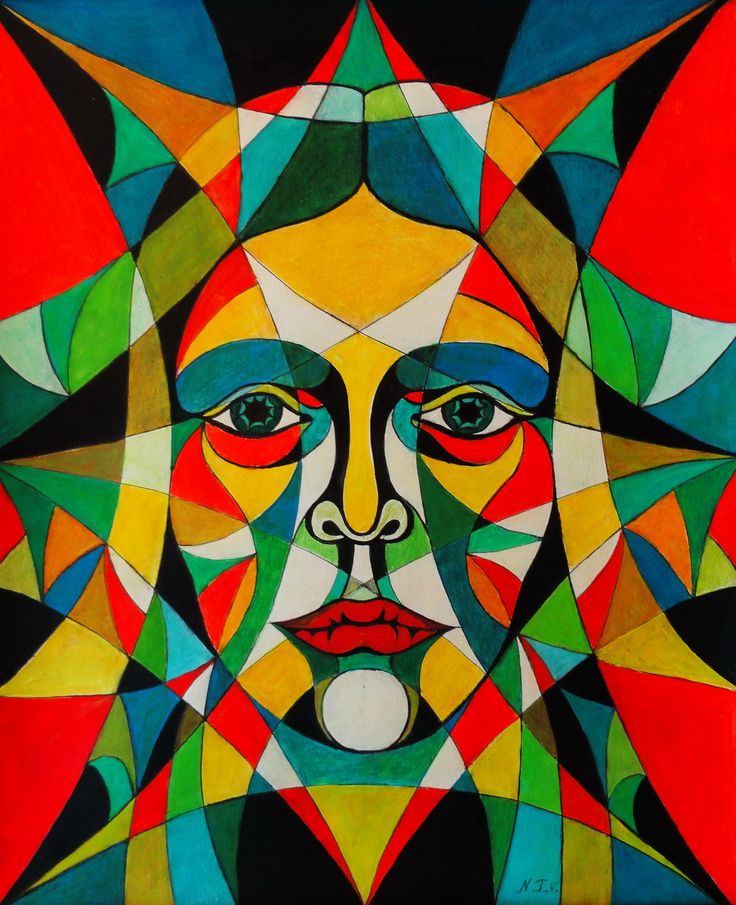 a painting of a woman's face with many different colors and shapes on it