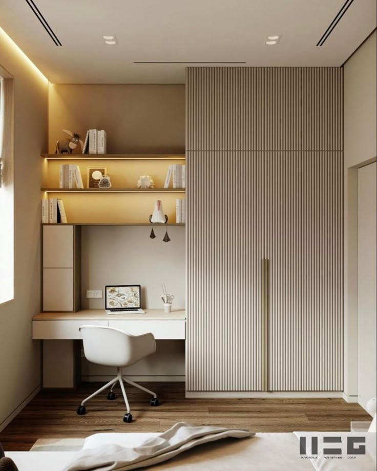 a bedroom with a bed, desk and shelves on the wall next to a window