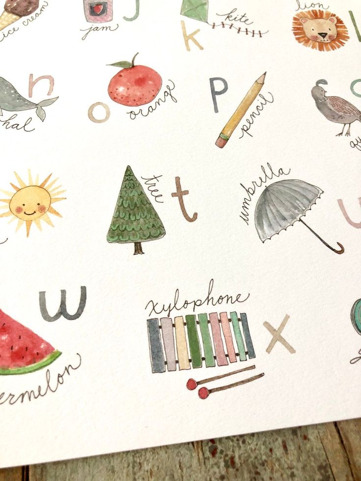 an image of children's alphabets with watermelon and other things on them