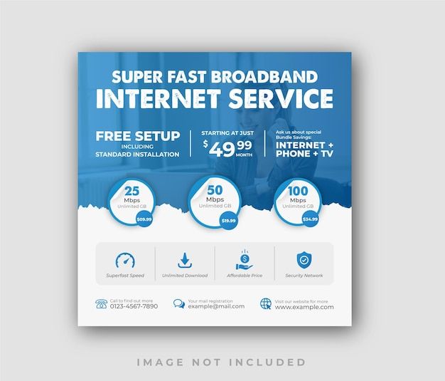 the internet service flyer is shown in blue and white with an image of a man working on