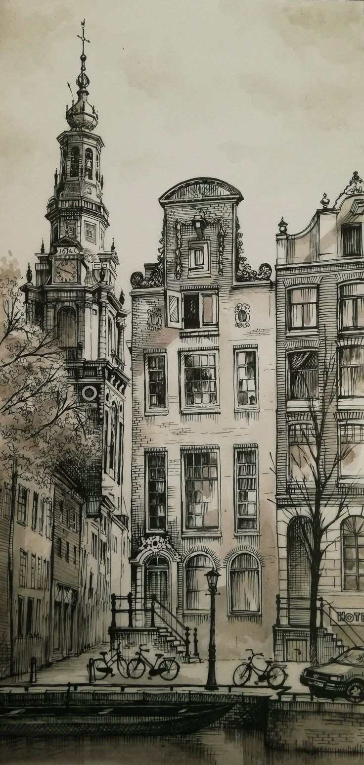 this is a drawing of some buildings in the city with bicycles parked on the sidewalk