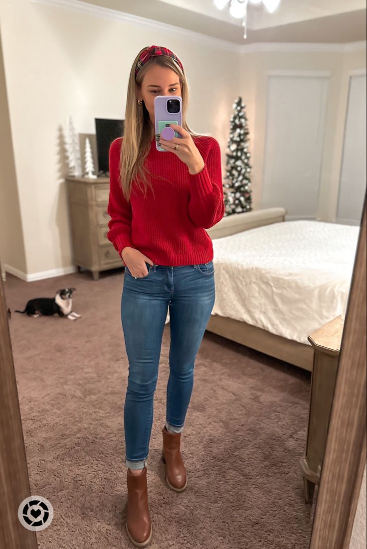 Red Mock Neck Outfit, Target Work Outfit Red And Jeans, Sweater Jeans Boots Outfit, Sweater Family Photos, Target Work Outfit, Christmas Outfit With Jeans, Target Uniform, Mock Neck Outfit, Bootleg Jeans Outfit