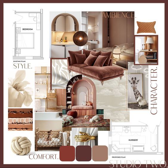 a collage of furniture and decor items in shades of brown, pink, beige and white