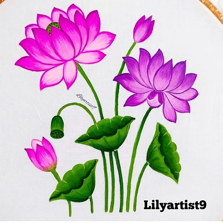 a painting of three pink flowers with green leaves on a white background and the words lilyratist 9 written below it