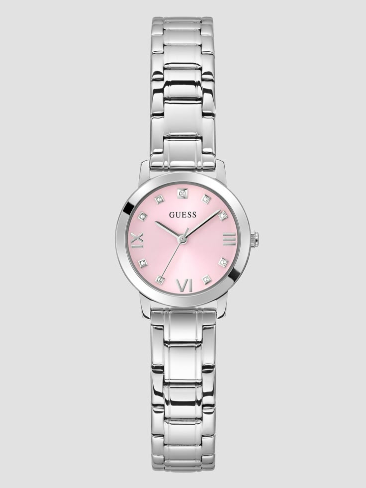 Simply elegant, this silver-tone watch is designed with a glossy pink dial featuring genuine diamond marker at the 12 o'clock hour and a polished steel bracelet. Small Watches Women, Guess Women Watches, Dope Jewelry Accessories, Silver Watches Women, Pink Watch, Luxe Jewelry, Dope Jewelry, Jewelry Essentials, Jewelry Lookbook