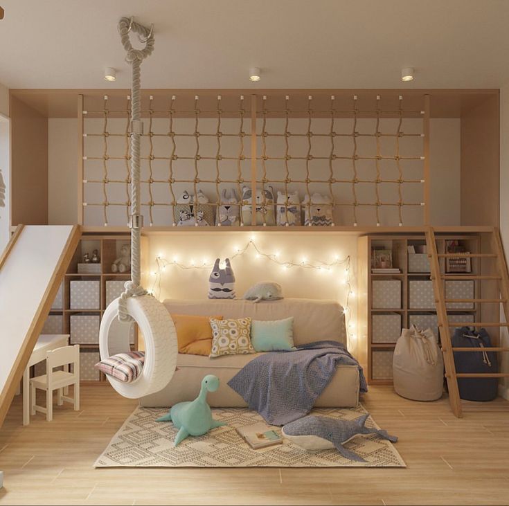 a living room filled with lots of furniture next to a slide and bookshelf