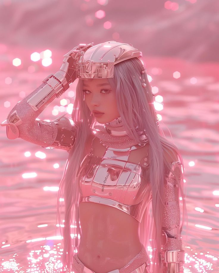 a woman with long hair standing in the water wearing a futuristic outfit and headpiece